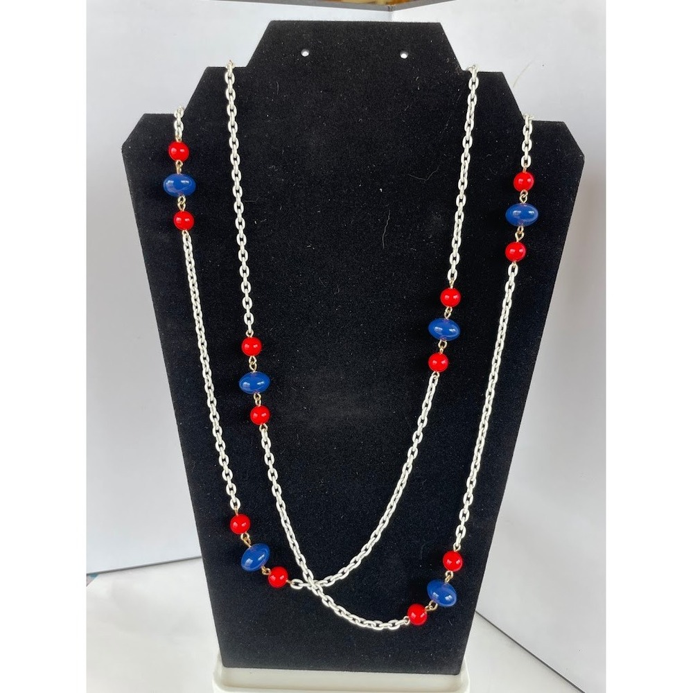 Vintage 1980 57" Nautical Red Blue Glass Bead Station Necklace Silver Tone Chain - Picture 2 of 4